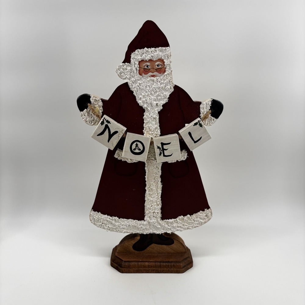 VTG Folk Art Hand Painted Noel Wooden Santa Rustic Christmas‎ 15" Signed 93